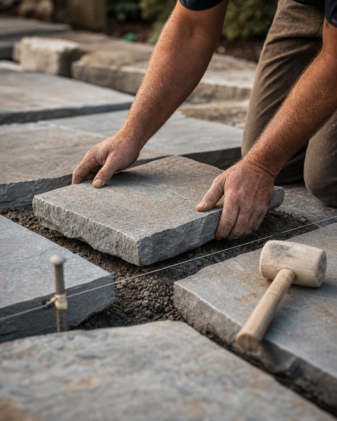 Close-up of expert hands fitting natural bluestone pieces on a patio, string lines and rubber mallet, beautiful craftsmanship, shallow depth of field