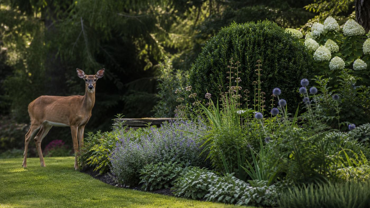 800×450 — deer standing at edge of protected garden border