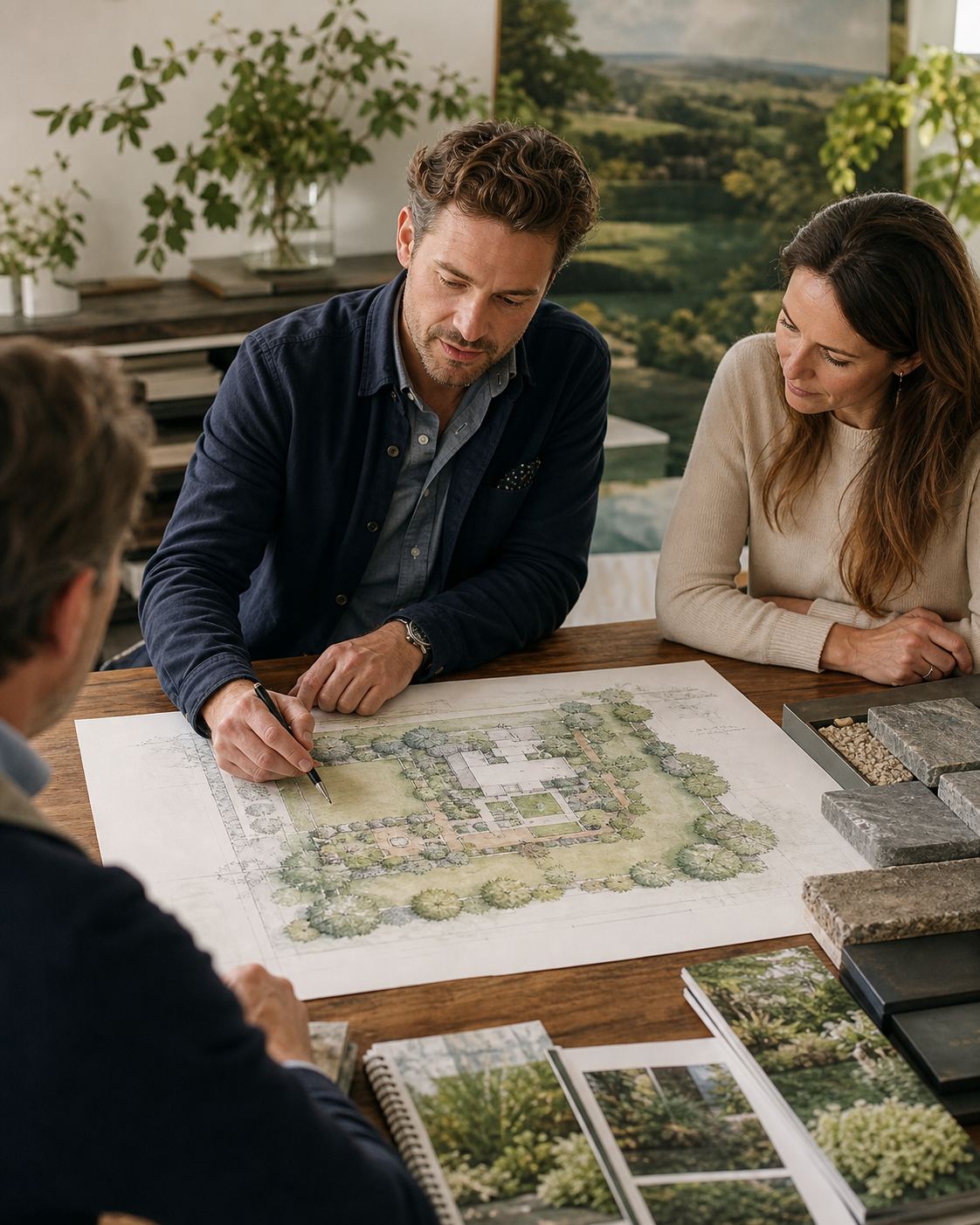 Landscape designer presenting a beautiful hand-rendered garden master plan to clients across a wood table, plant catalogs and stone samples nearby, bright design studio