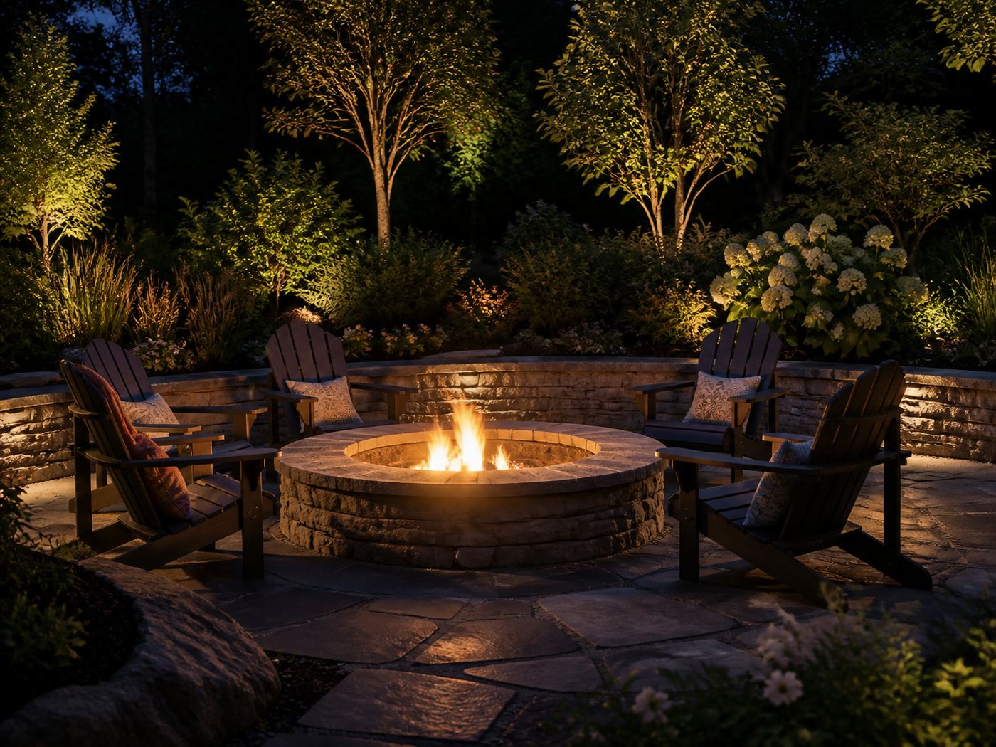 800×600 — fire pit lounge area with Adirondack chairs at night