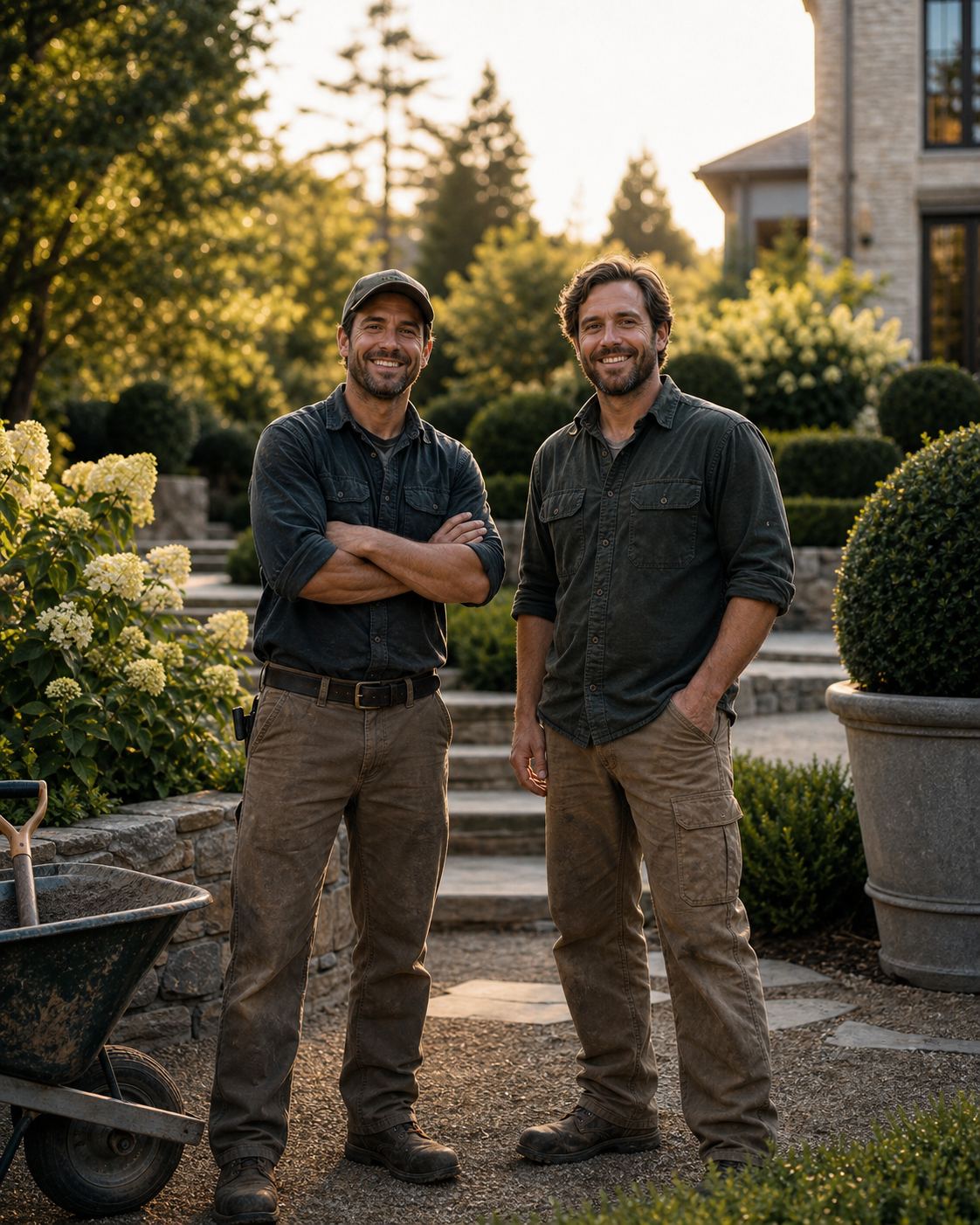 Two business partners in work clothes standing proudly in a finished luxury garden they built, golden hour, candid editorial portrait, landscape tools nearby
