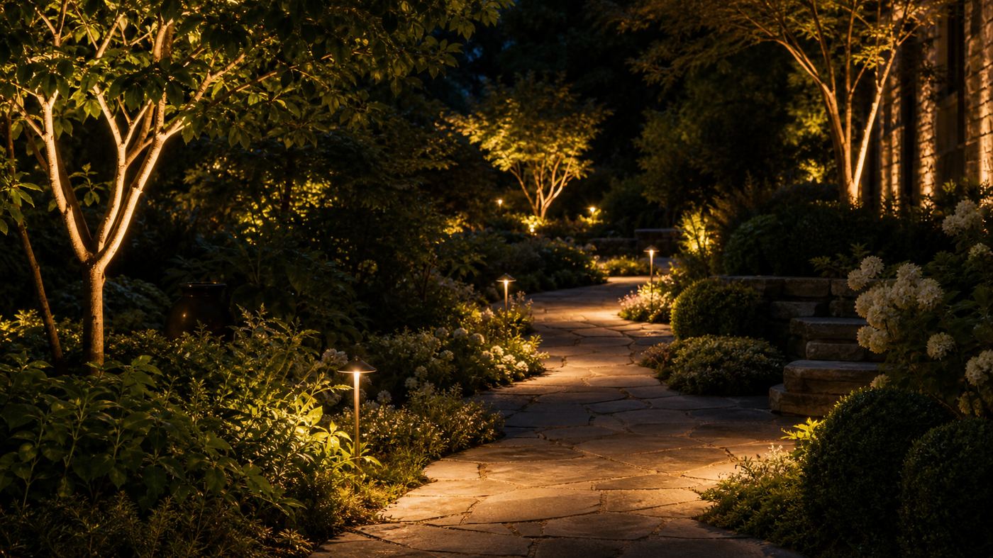 800×450 — garden path uplighting at night, warm landscape lighting