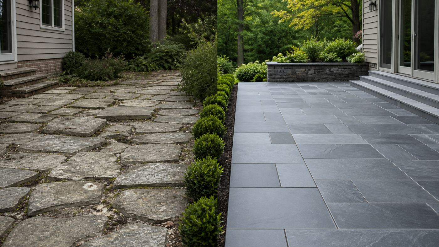 800×450 — frost-heaved old patio vs perfect new patio