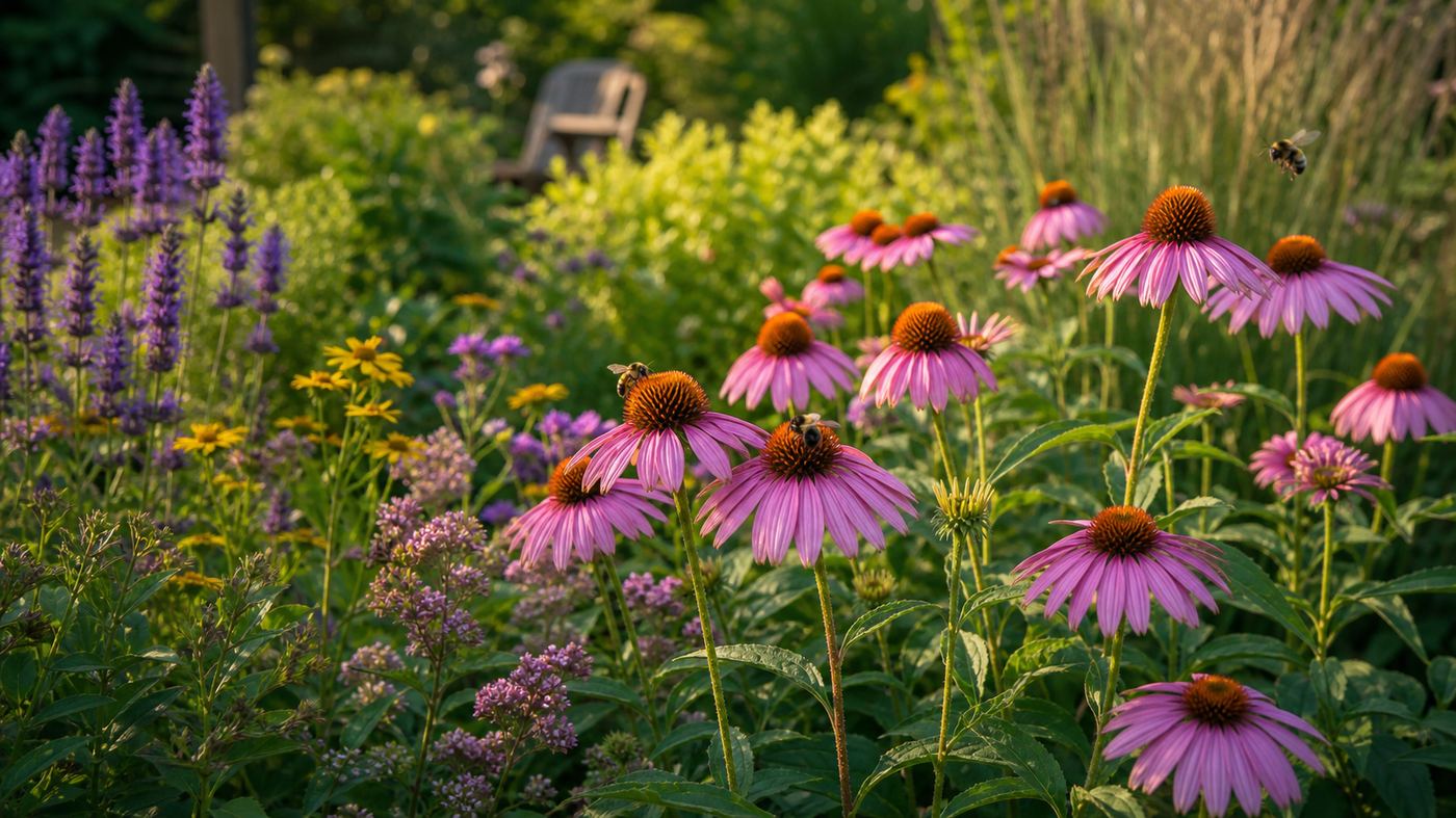 800×450 — native pollinator garden with bees