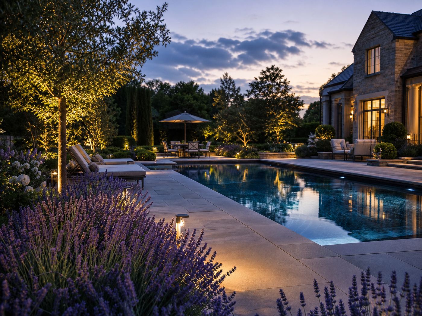 800×600 — poolside landscape, lavender border, stone coping, dusk