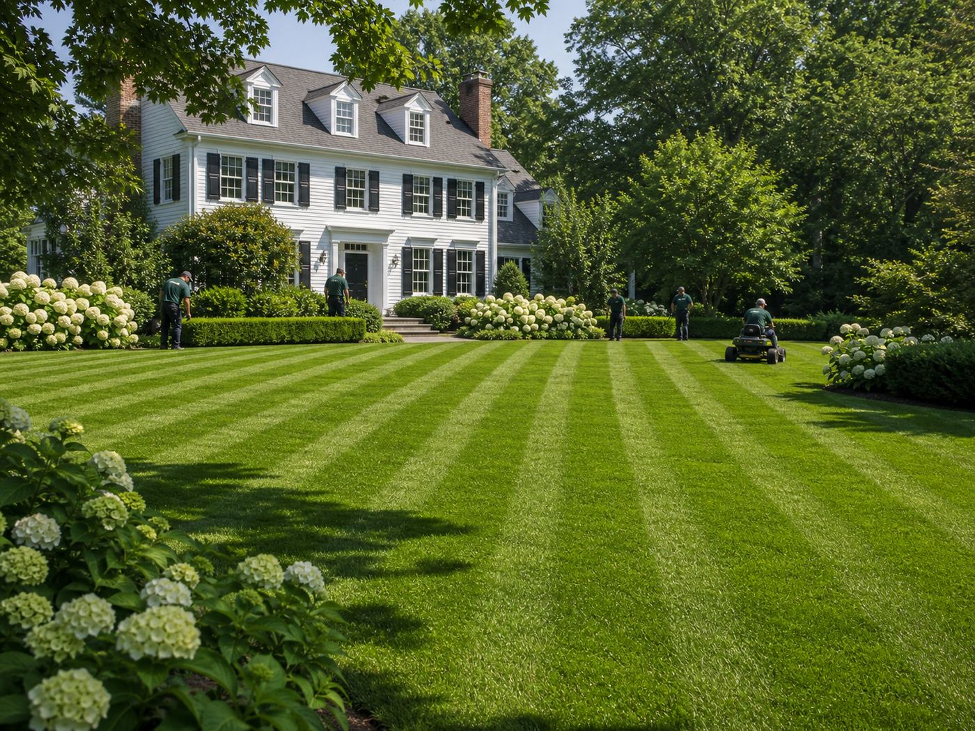 Pristine striped emerald green lawn of a large colonial estate, crisp bed edges, hydrangea borders, professional grounds crew working in background, summer morning