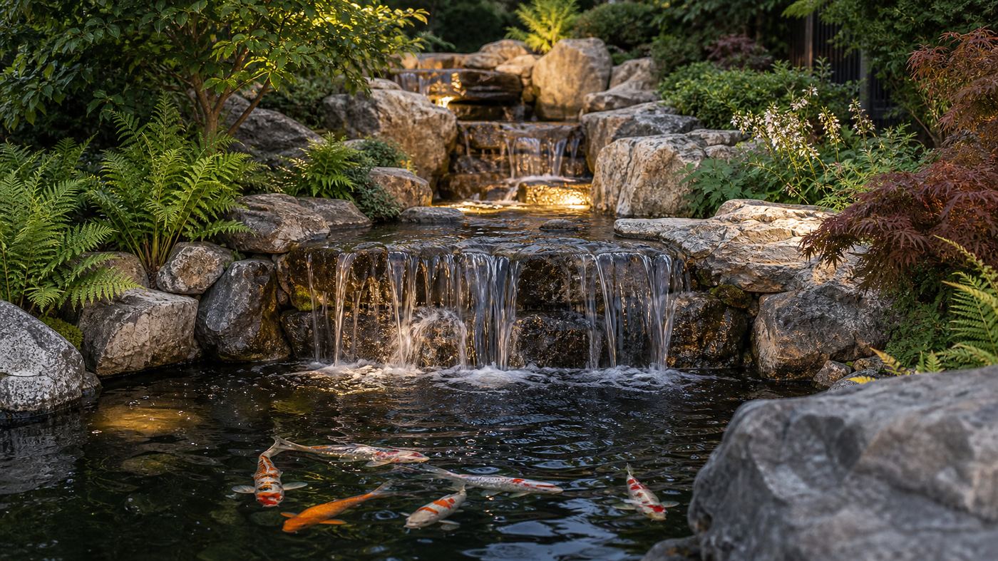 800×450 — natural stone waterfall feature into koi pond