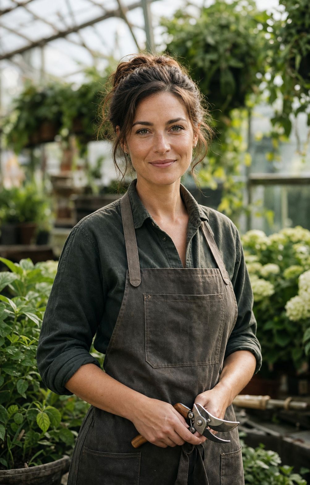 Portrait of a female head horticulturist in her 30s holding pruning shears in a greenhouse, natural light