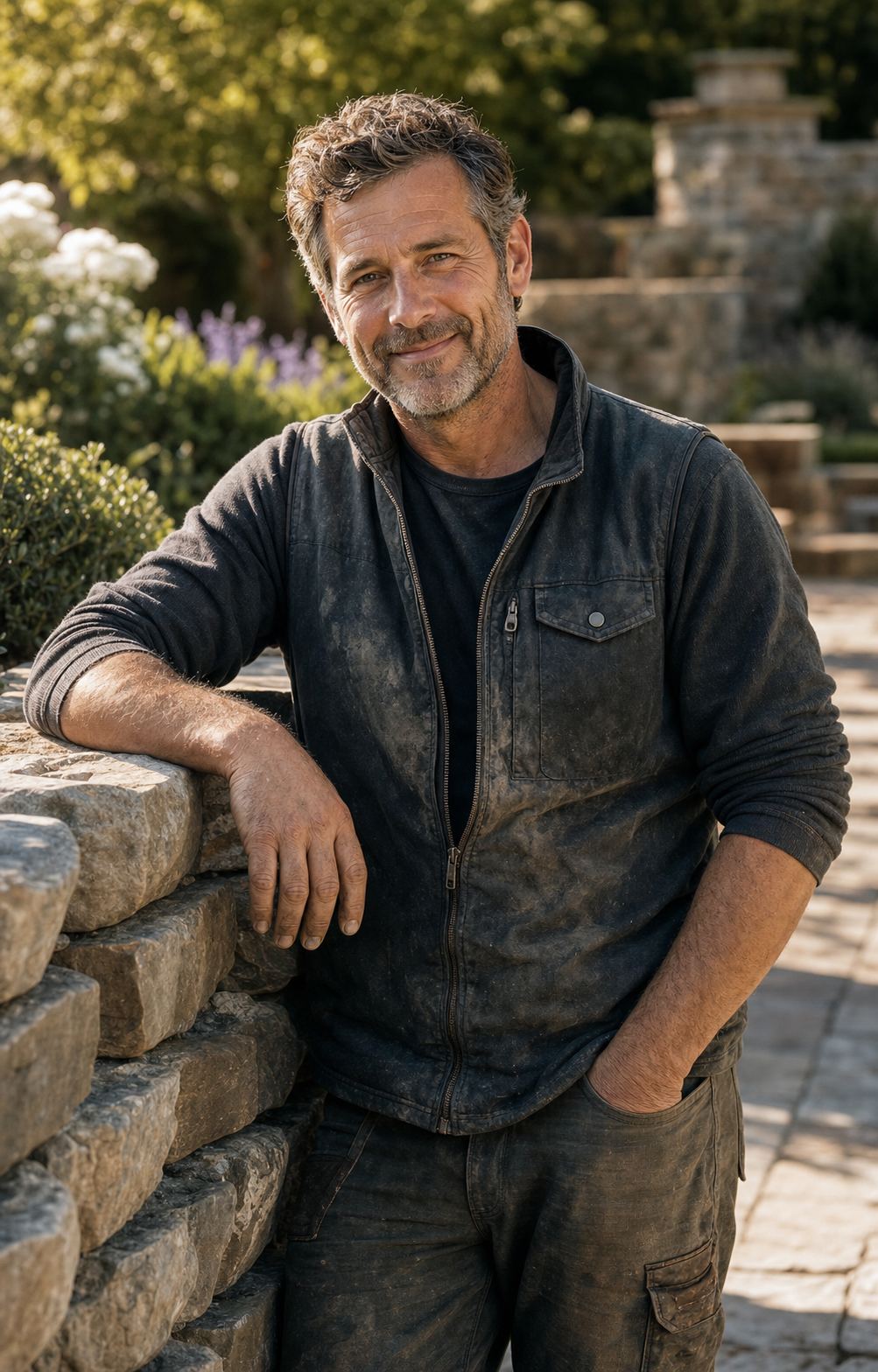 Portrait of a master stonemason in his 50s with weathered hands, leaning on a stone wall he built, warm smile