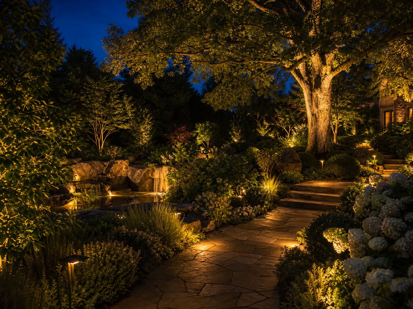 Luxury home garden at blue hour with warm architectural landscape lighting, uplit specimen trees, path lights along stone walkway, inviting glow, professional photography