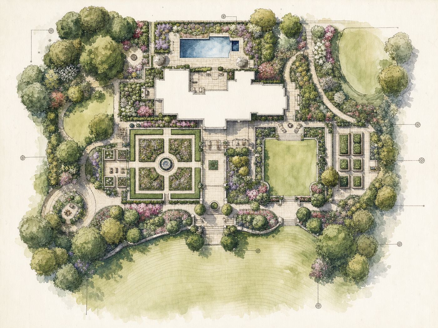 Watercolor landscape master plan drawing of an estate garden, overhead view, labeled beds