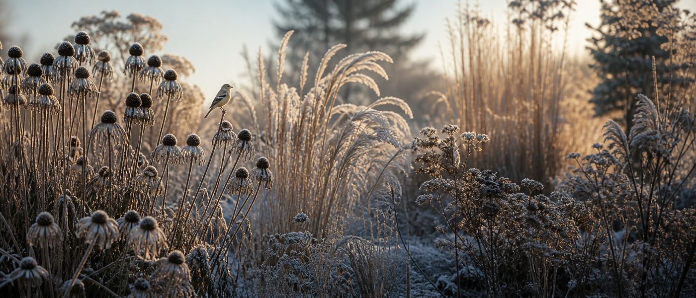 Winter perennial garden left standing — frosted seed heads of echinacea and ornamental grasses catching low golden light, goldfinch perched on stem, beautiful intentional wildness