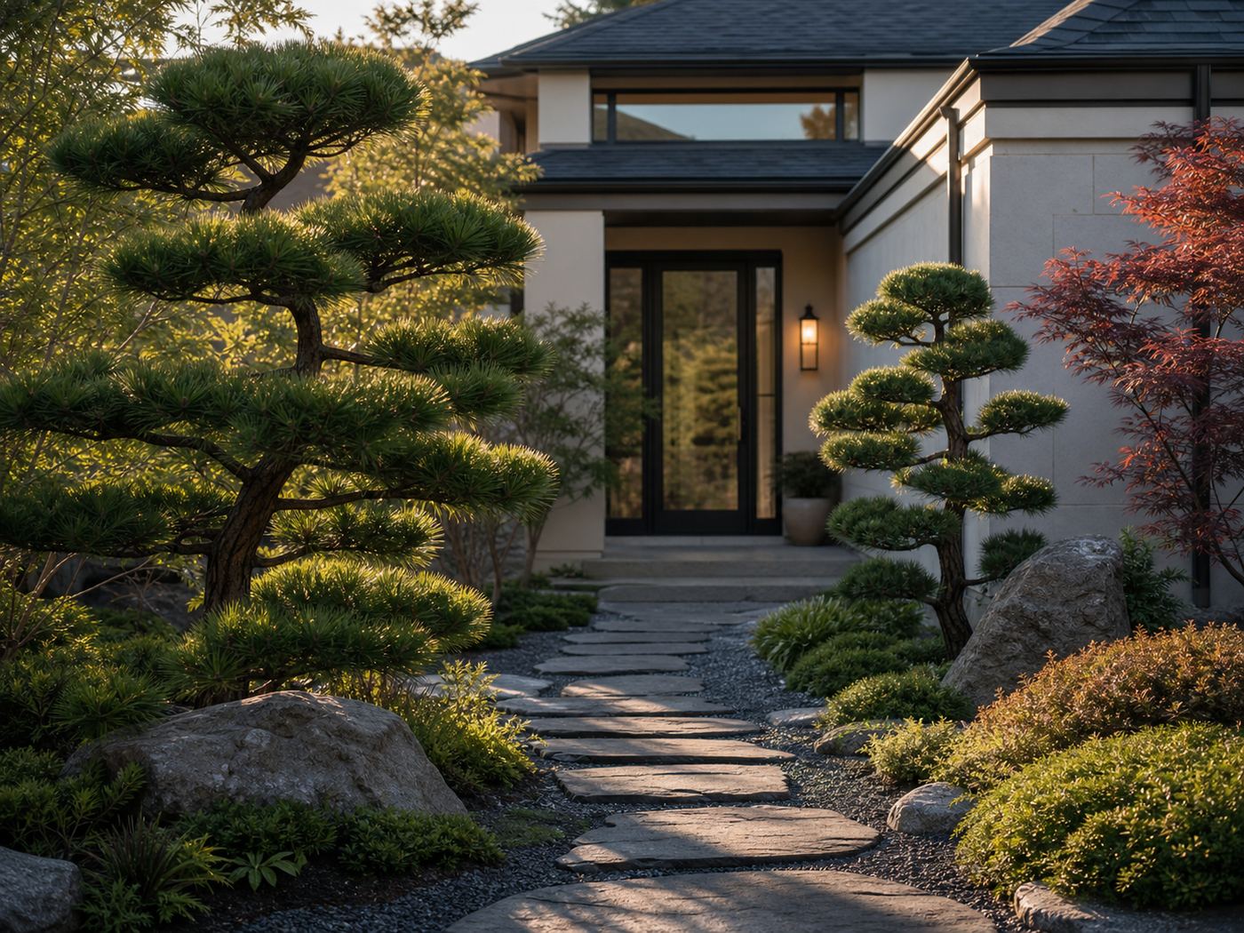 800×600 — zen-inspired front entry garden, sculpted pines